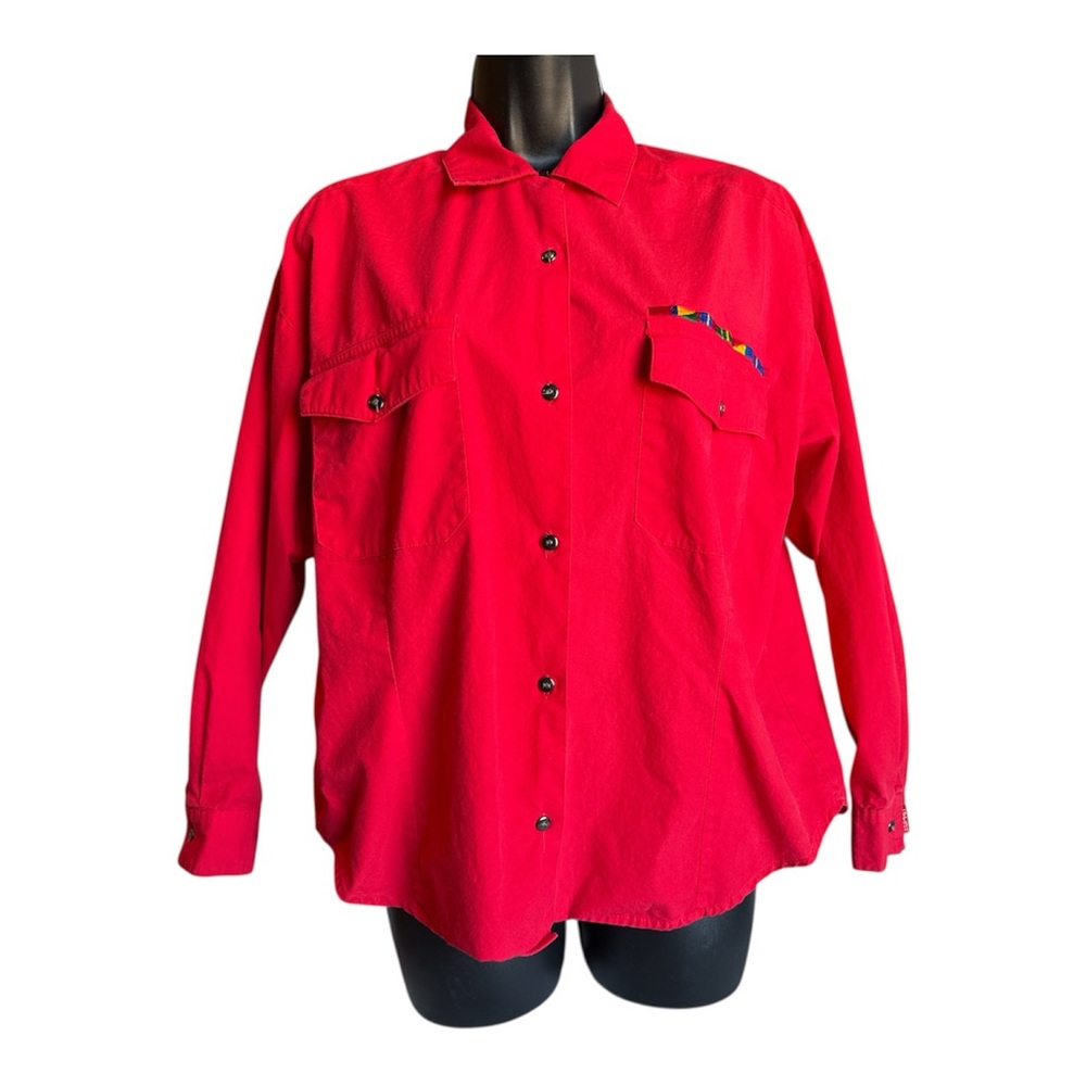 Vintage 80s Esprit Sport Red Button Up Shirt Geometric Trim Cotton